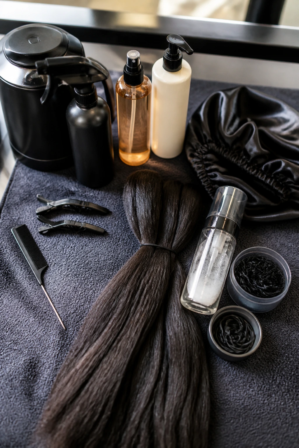 Tools and supplies for knotless braids arranged on a surface