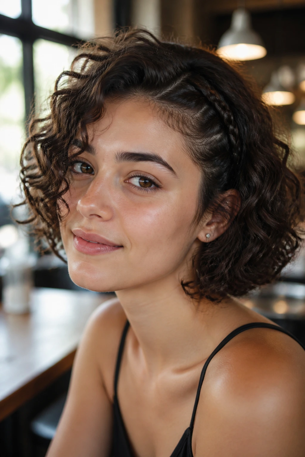 Real person with curly bob and thin braid along hairline.