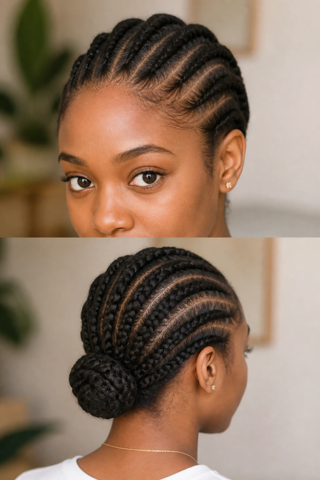 Real person with two Dutch braid variations on the head