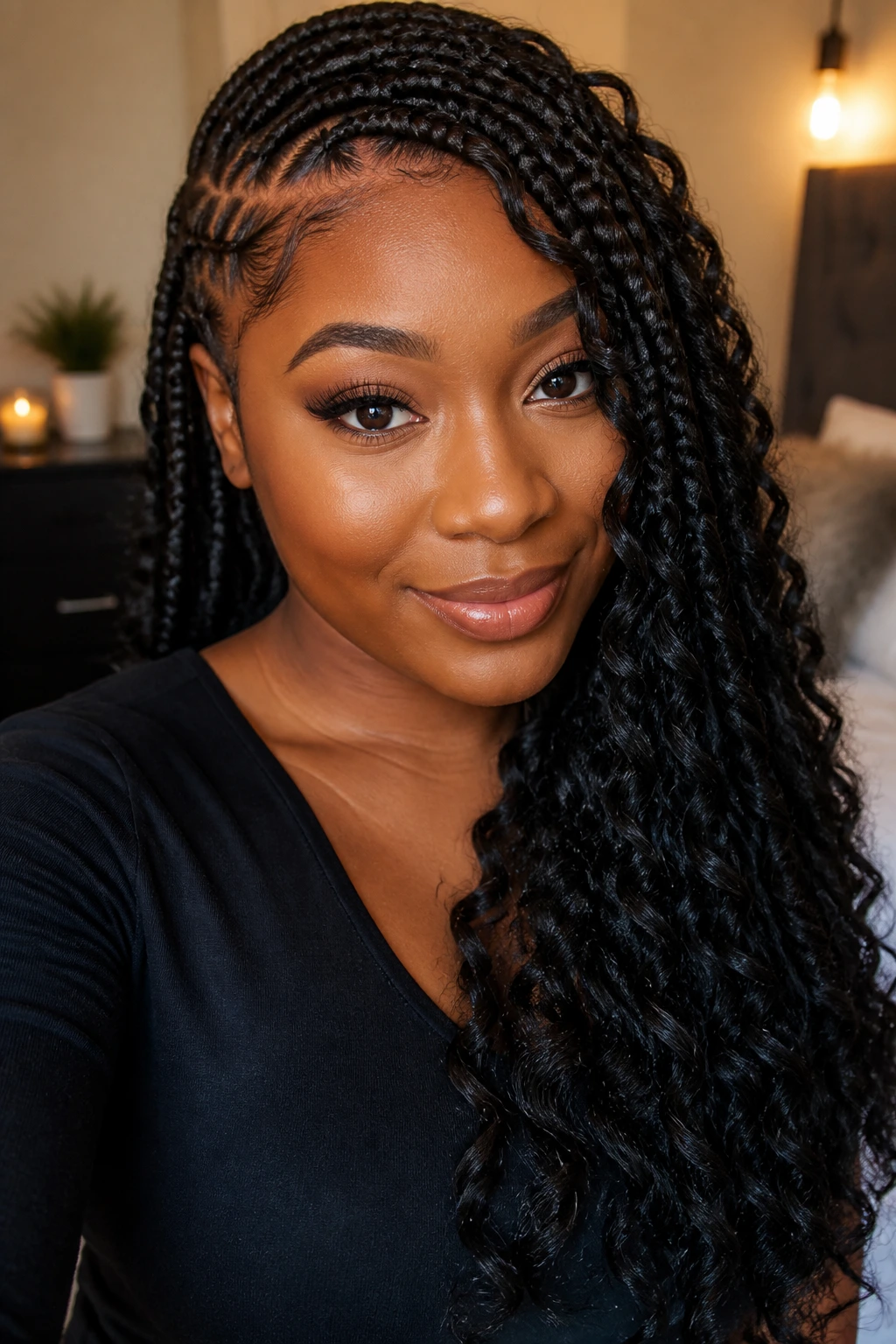 Real woman with bold side-part side-swept braids showcasing a variation
