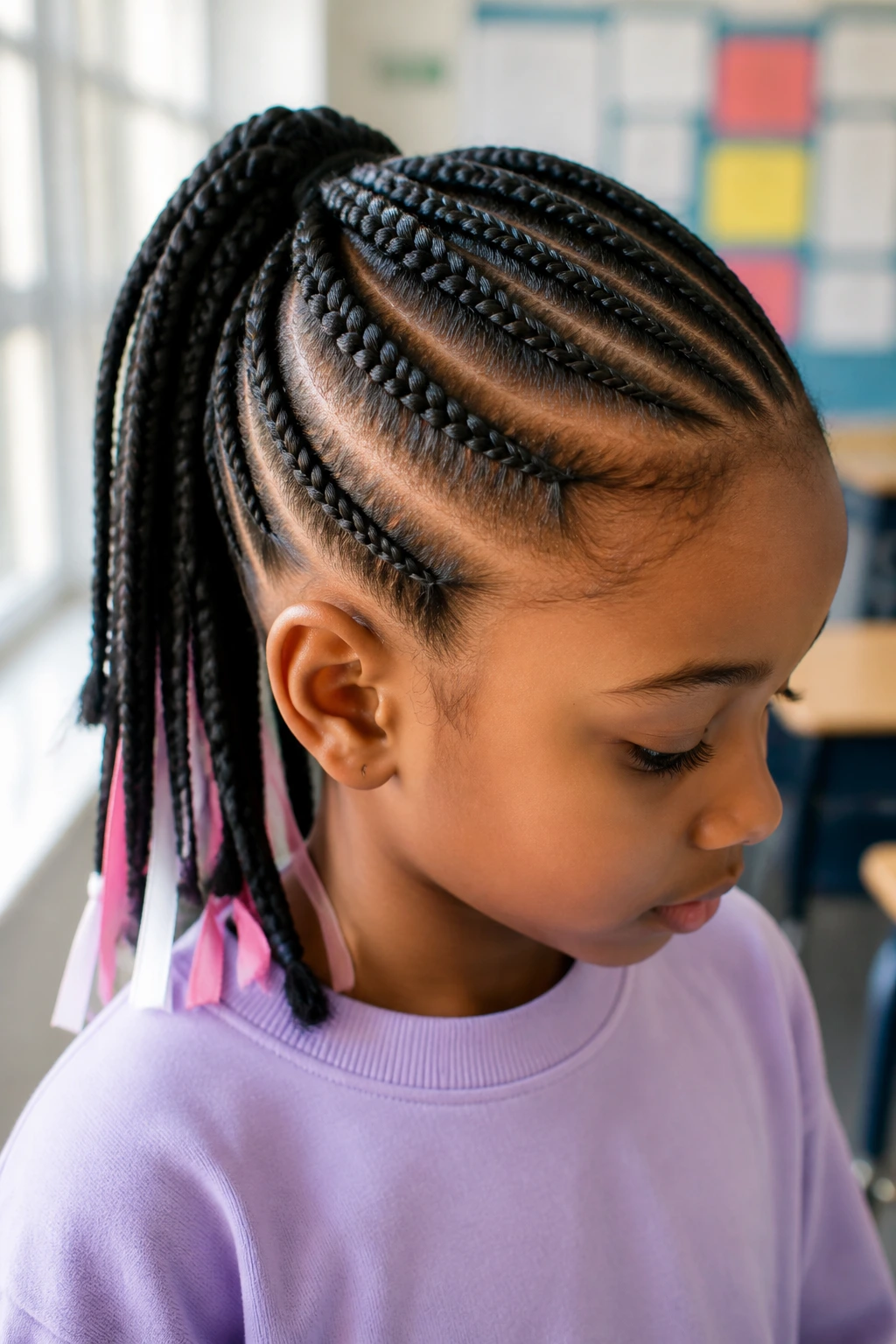 Medium close-up of a real child's head with multiple braid variations including cornrows and low pony