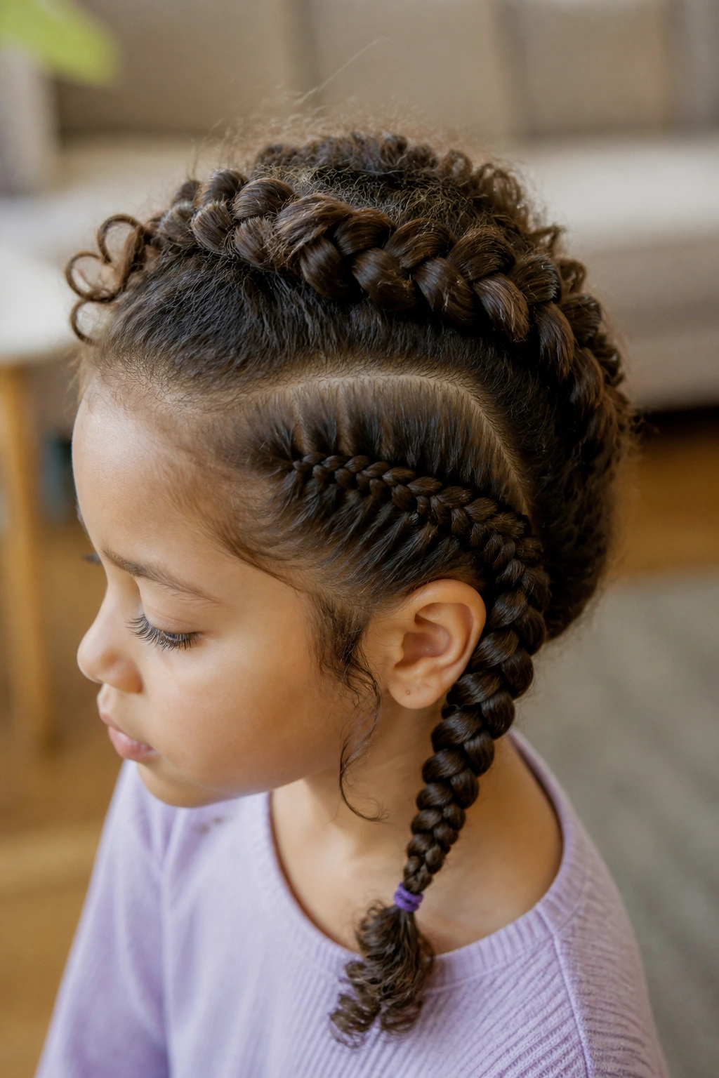 Child with two different braids (crown and side) showcasing variations.