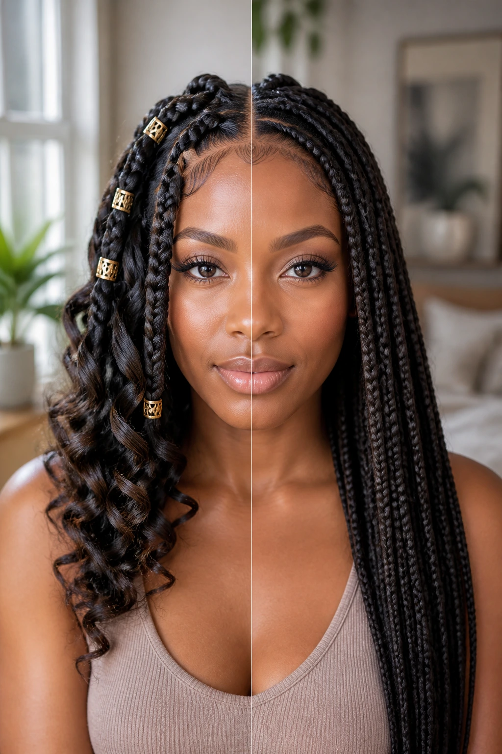 Real woman showing two braid variations split down the middle