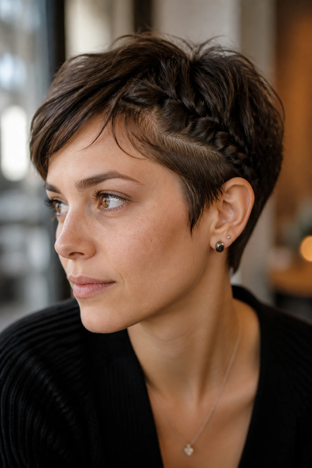 Close-up of a real woman with a tiny temple braid accent
