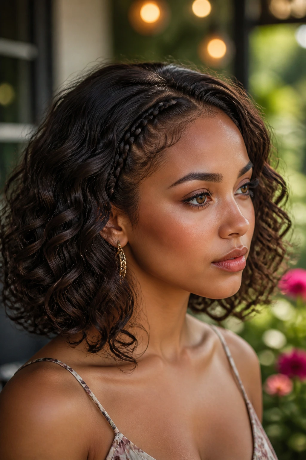 Close-up of a real woman's head showing a small braid at the hairline blending into loose curls