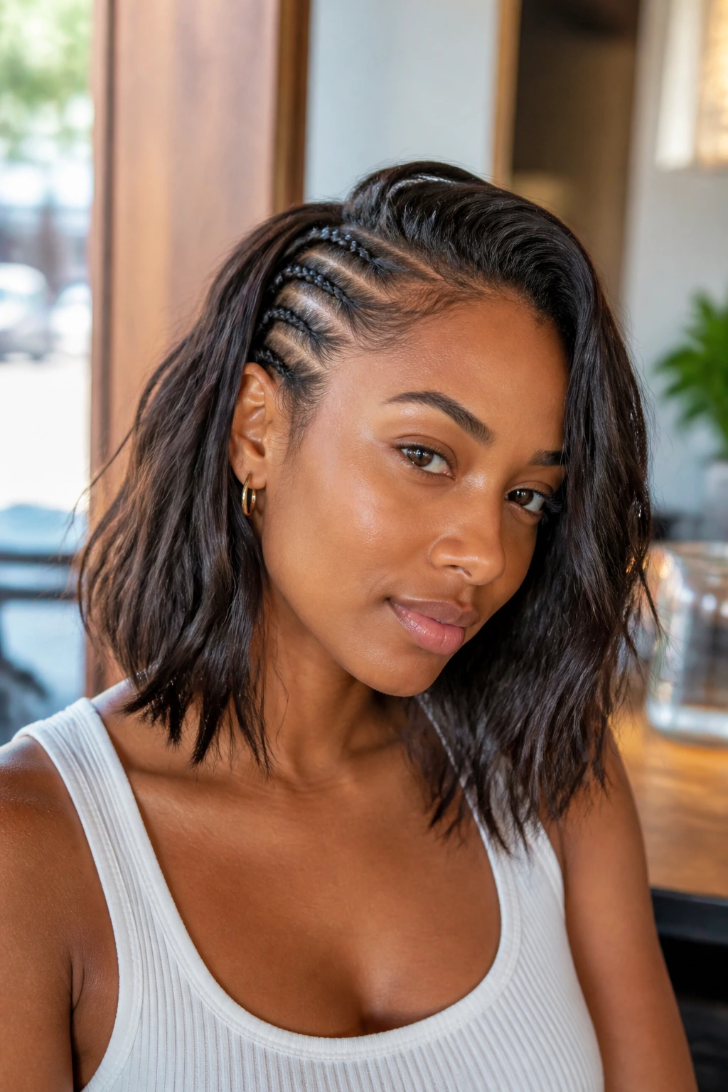 Close-up portrait of a real woman with a braided-accent lob featuring small braids at the hairline