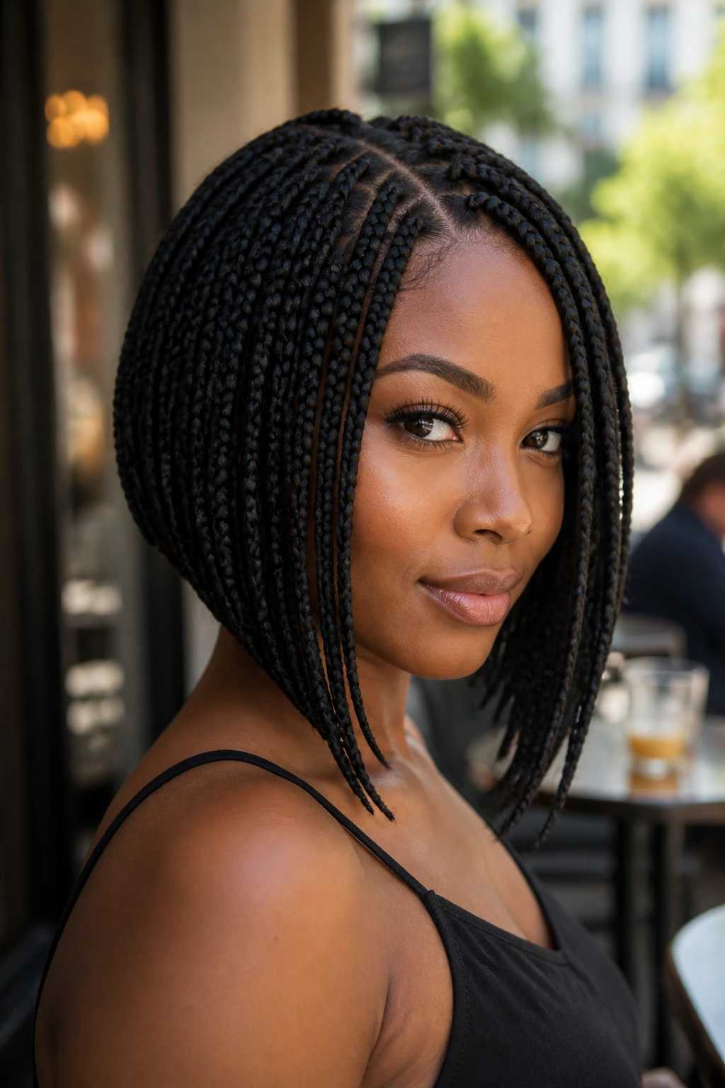 Close-up of a real Black woman with a braided angled bob showing the back-to-front angle