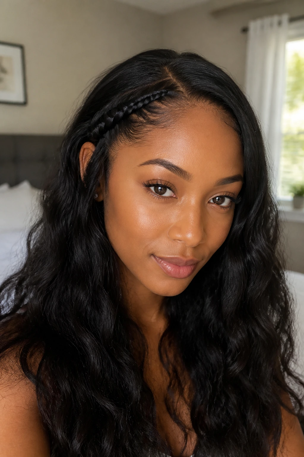 Close-up of a real woman with a braided bang accent along the hairline