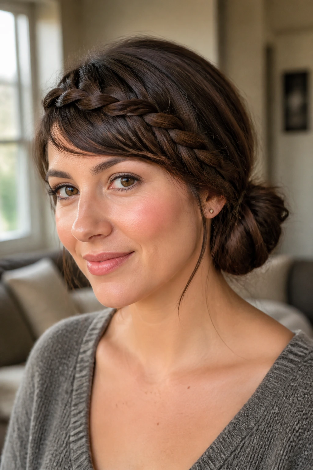 Close-up of a real woman with braided bangs swept to the side and a low knot on the opposite side