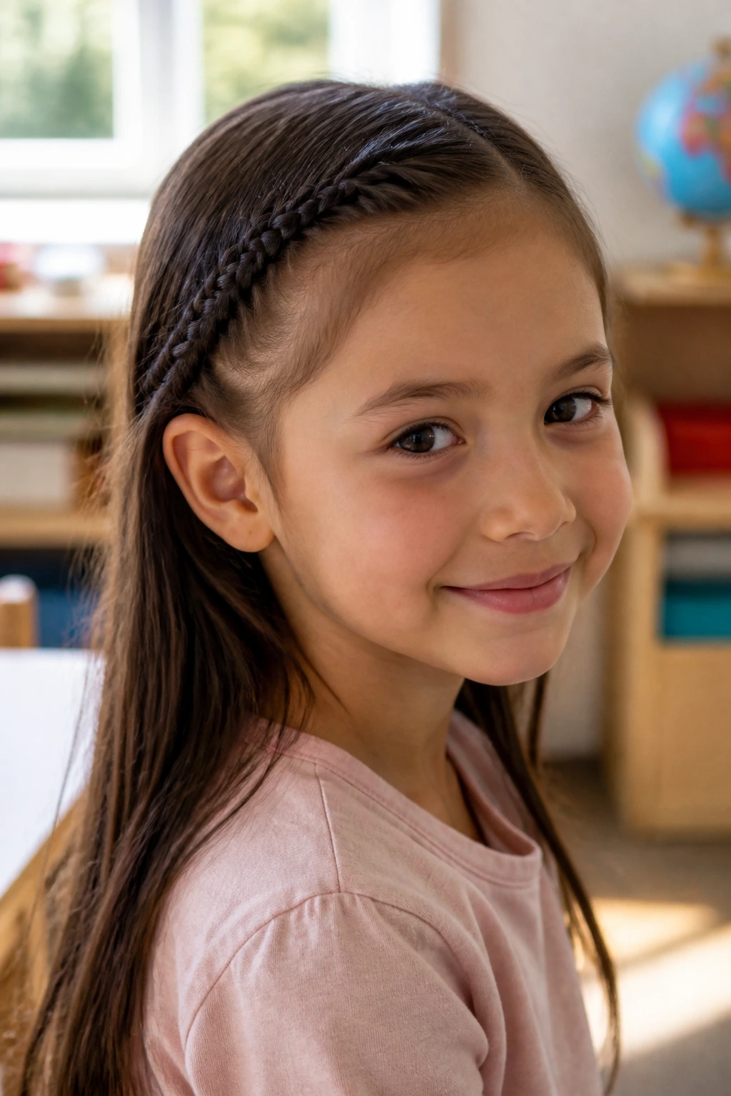 Close-up of a girl with braided bangs keeping hair away from her eyes