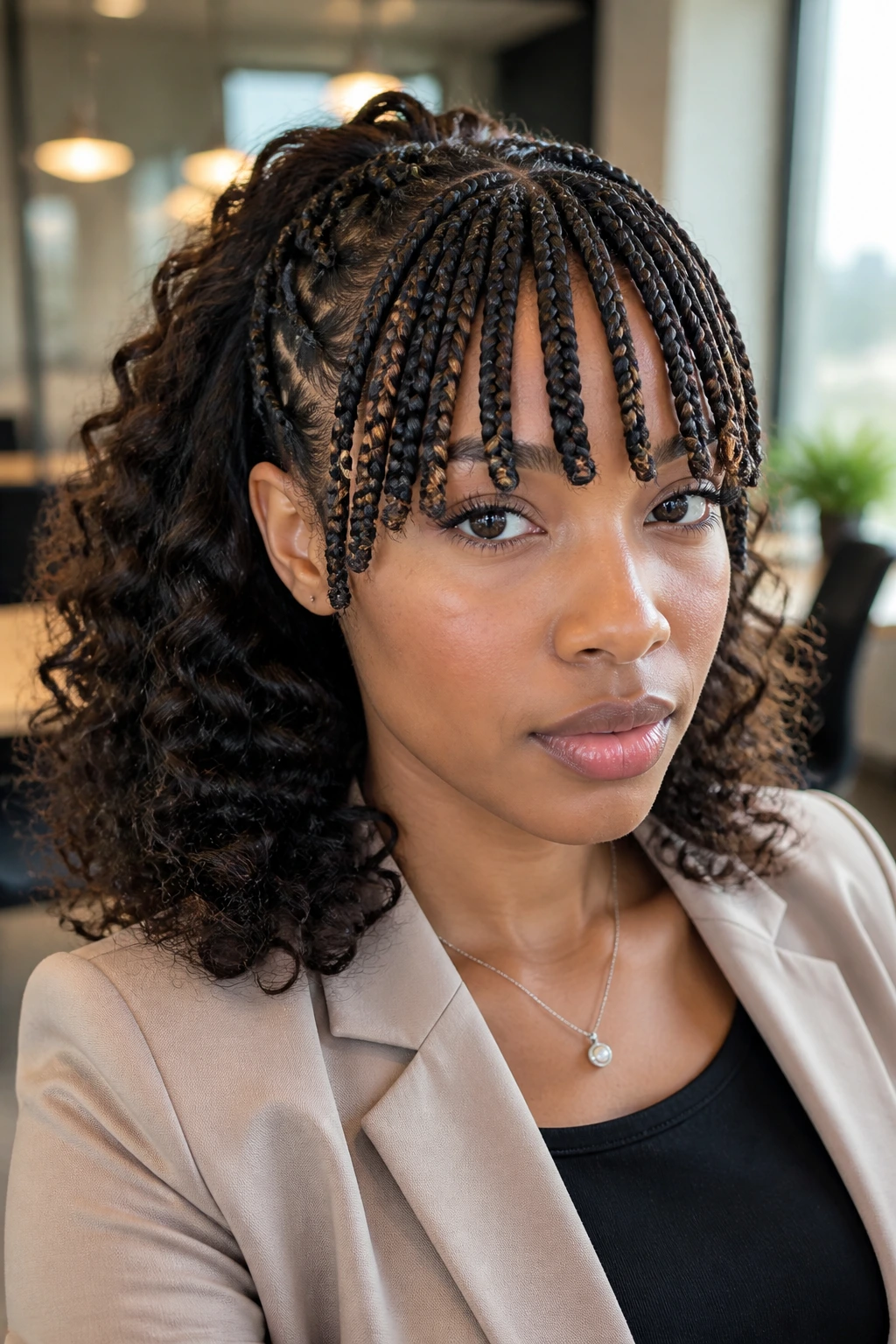 Real woman with braided bangs and curly back length in a workspace