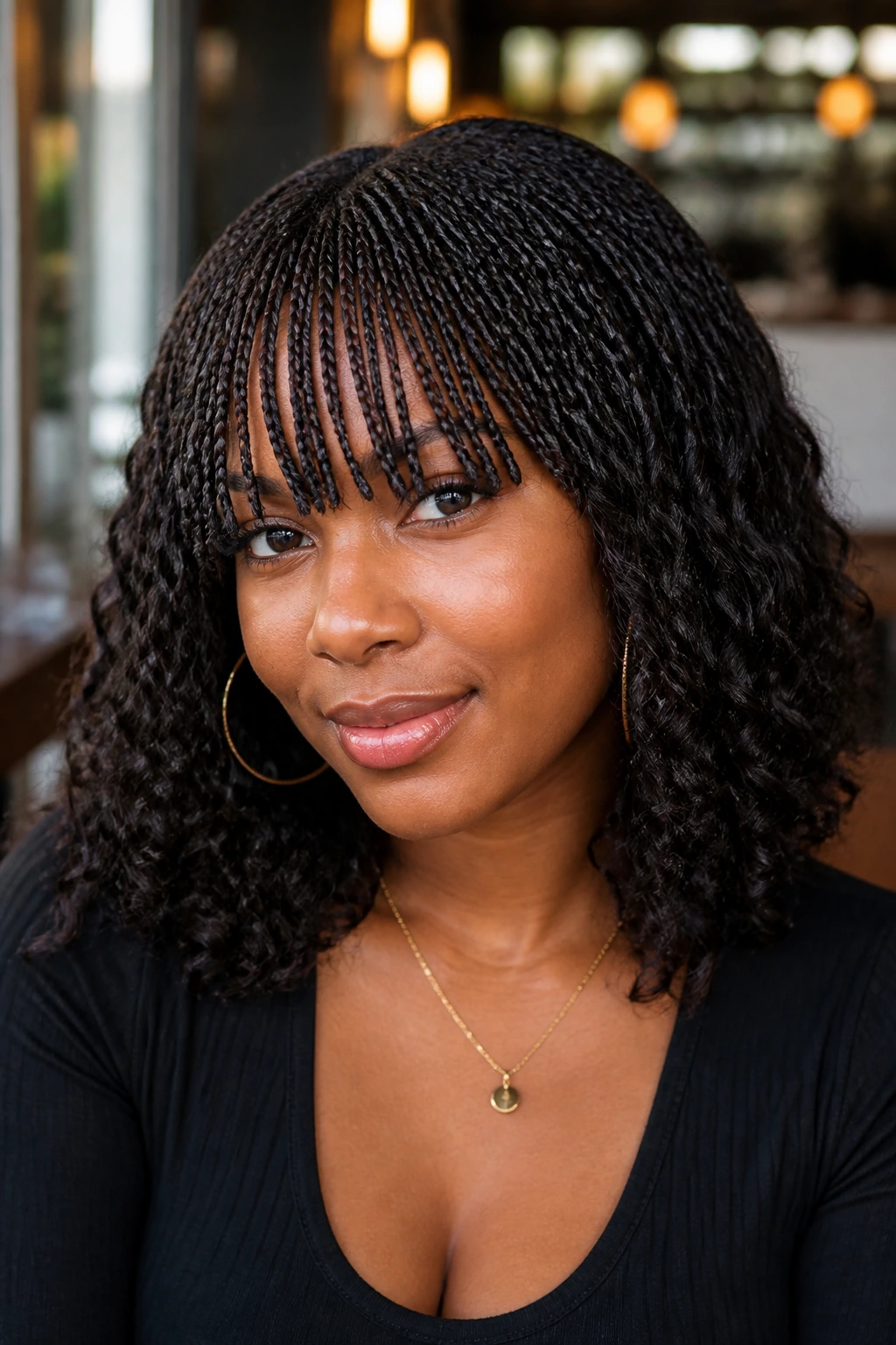 Close-up of braided bangs and shoulder-length curls on a real woman