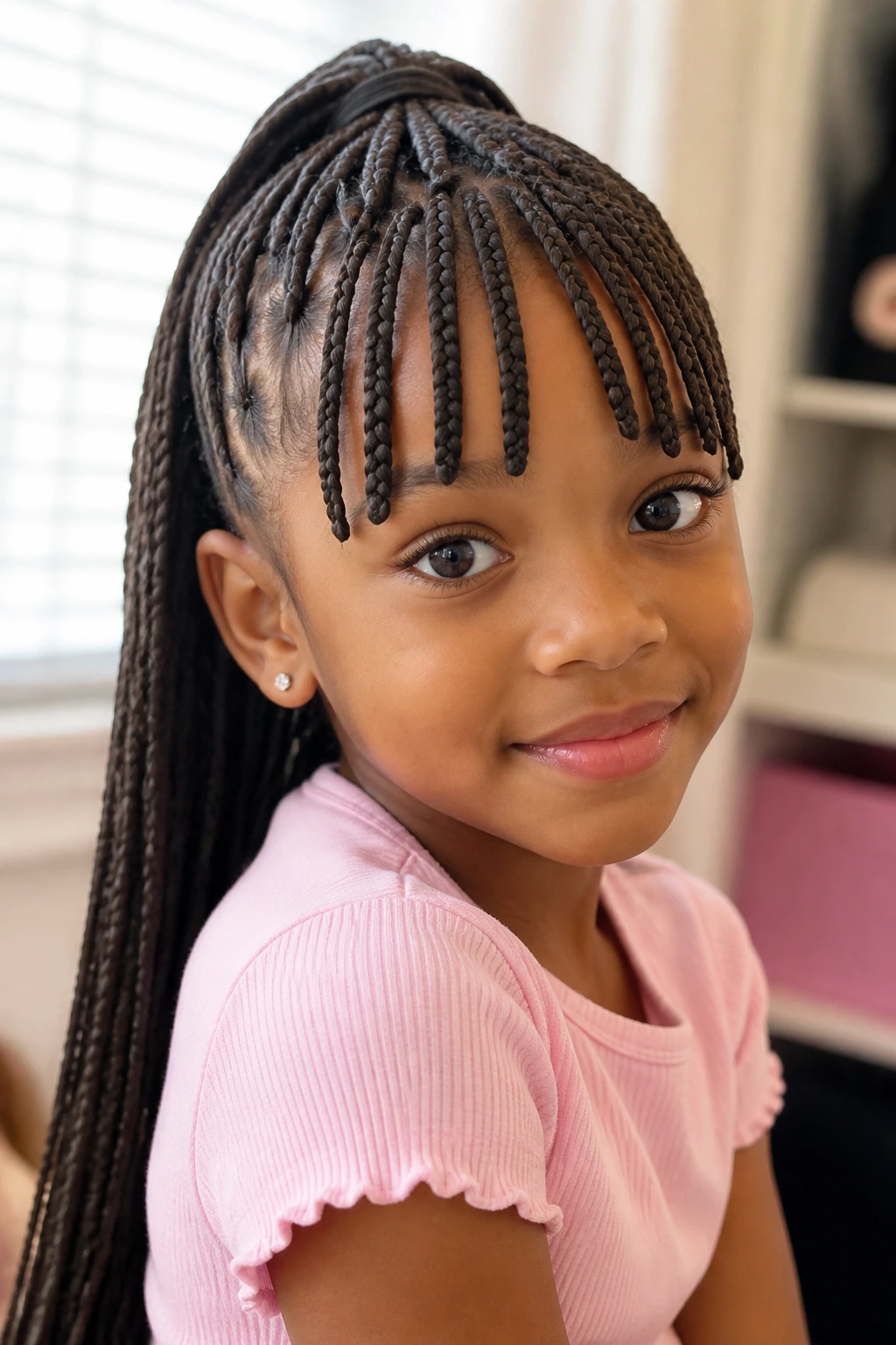 Young girl with braided bangs and long extensions