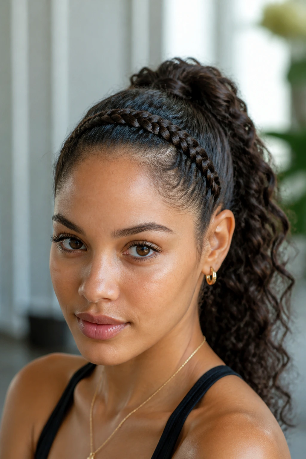 Close-up of a real person with braided bangs into a ponytail