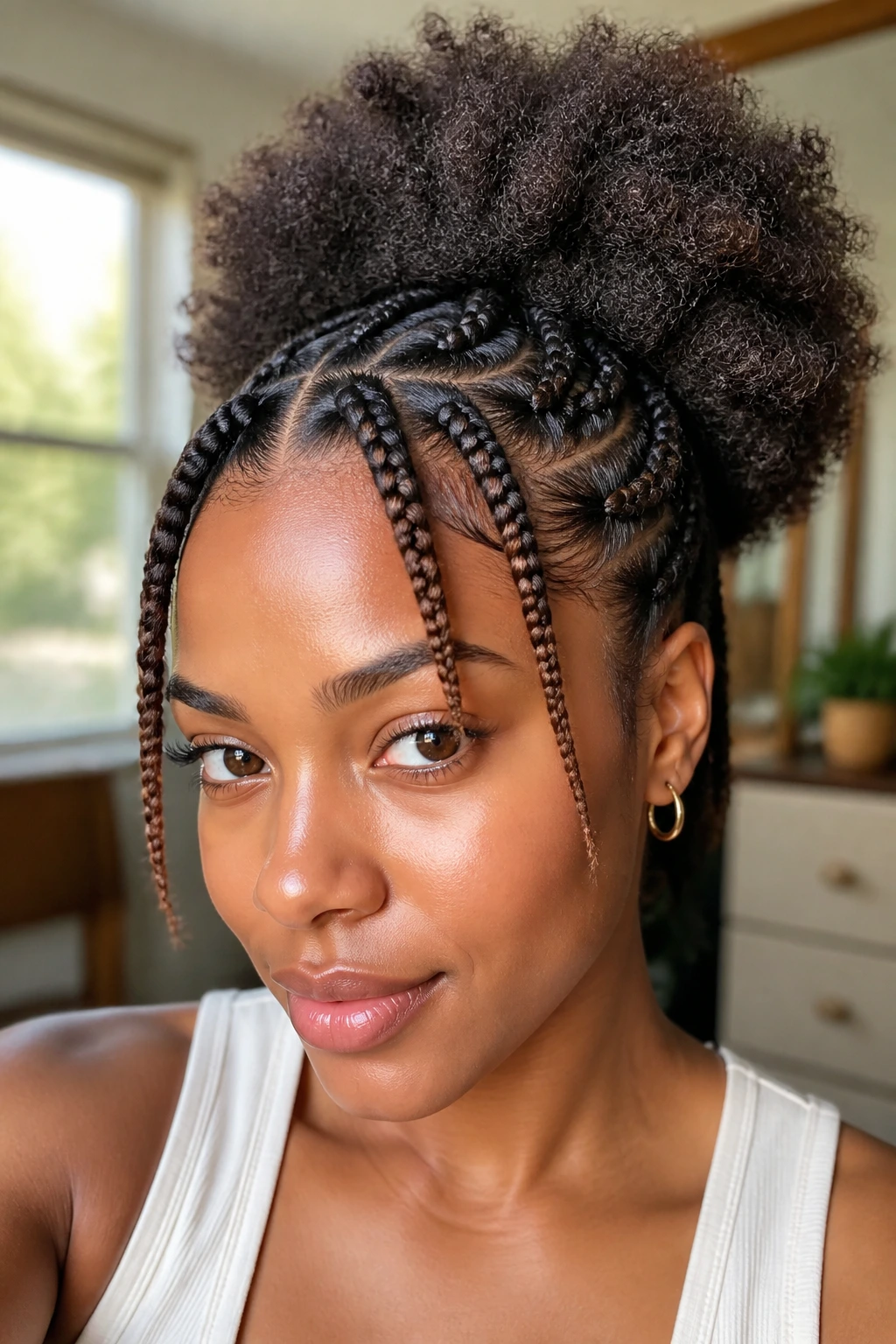 Close-up of braided bangs with a full puff on a real person