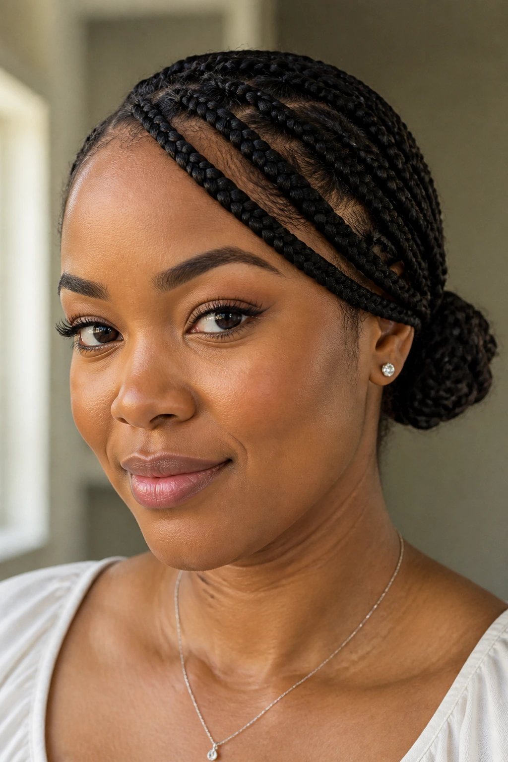 Close-up of braided bangs feeding into a small side bun on a real person