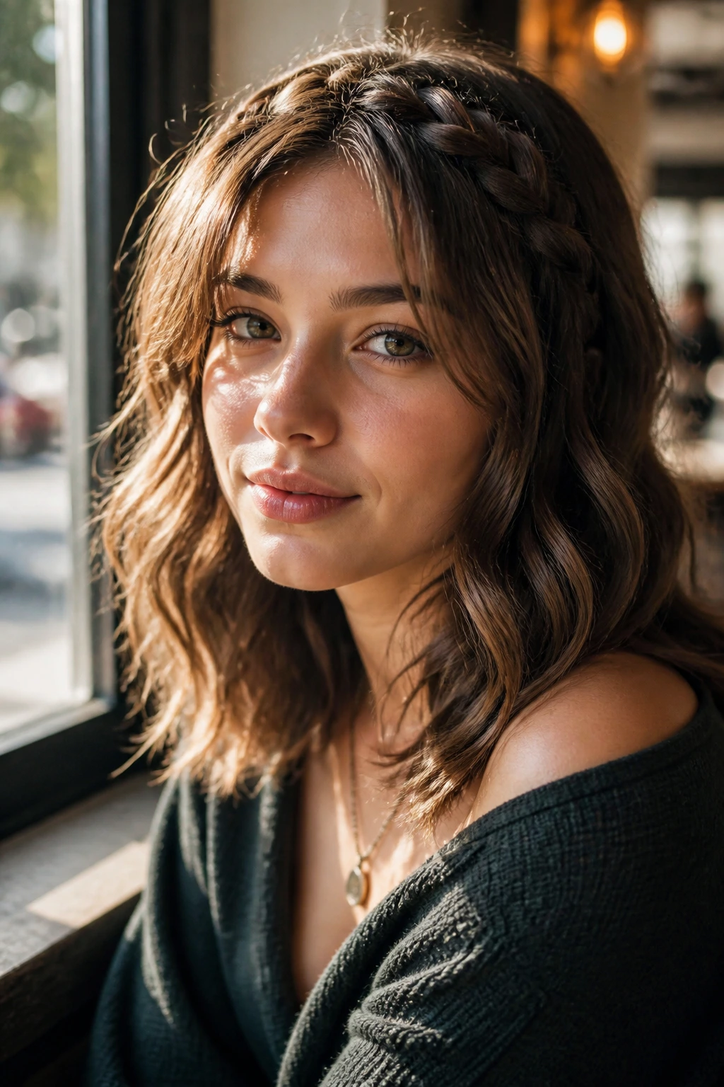 Close-up of a real person with braided bangs blending into loose waves.