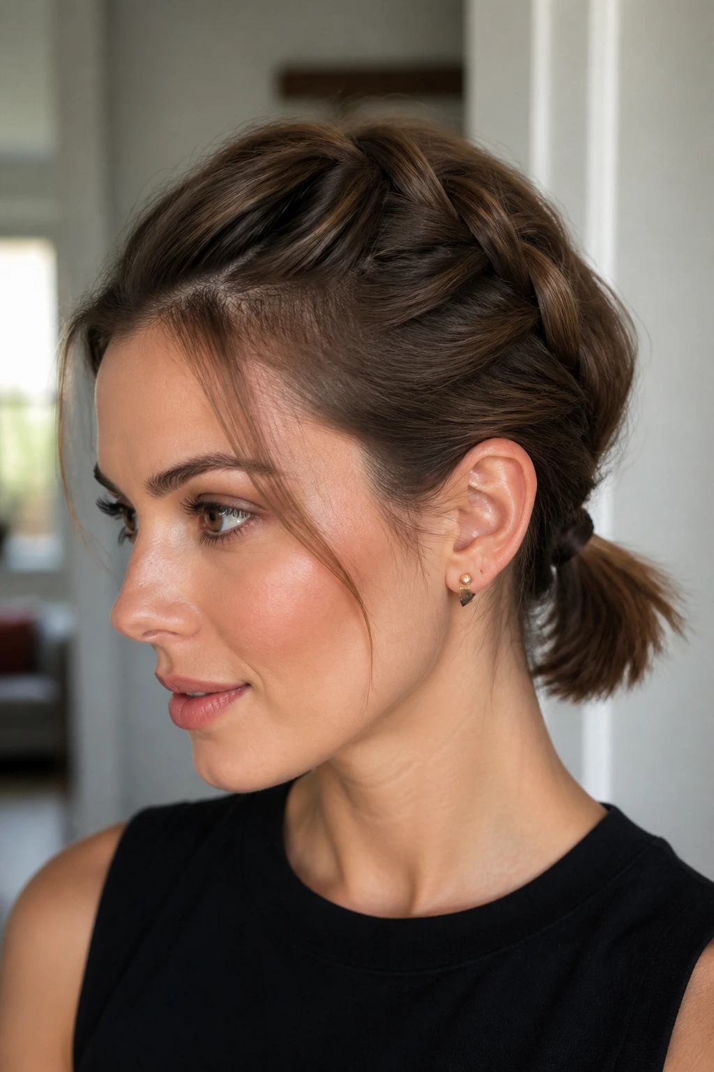 Portrait of a woman with a braided base pony hairstyle.
