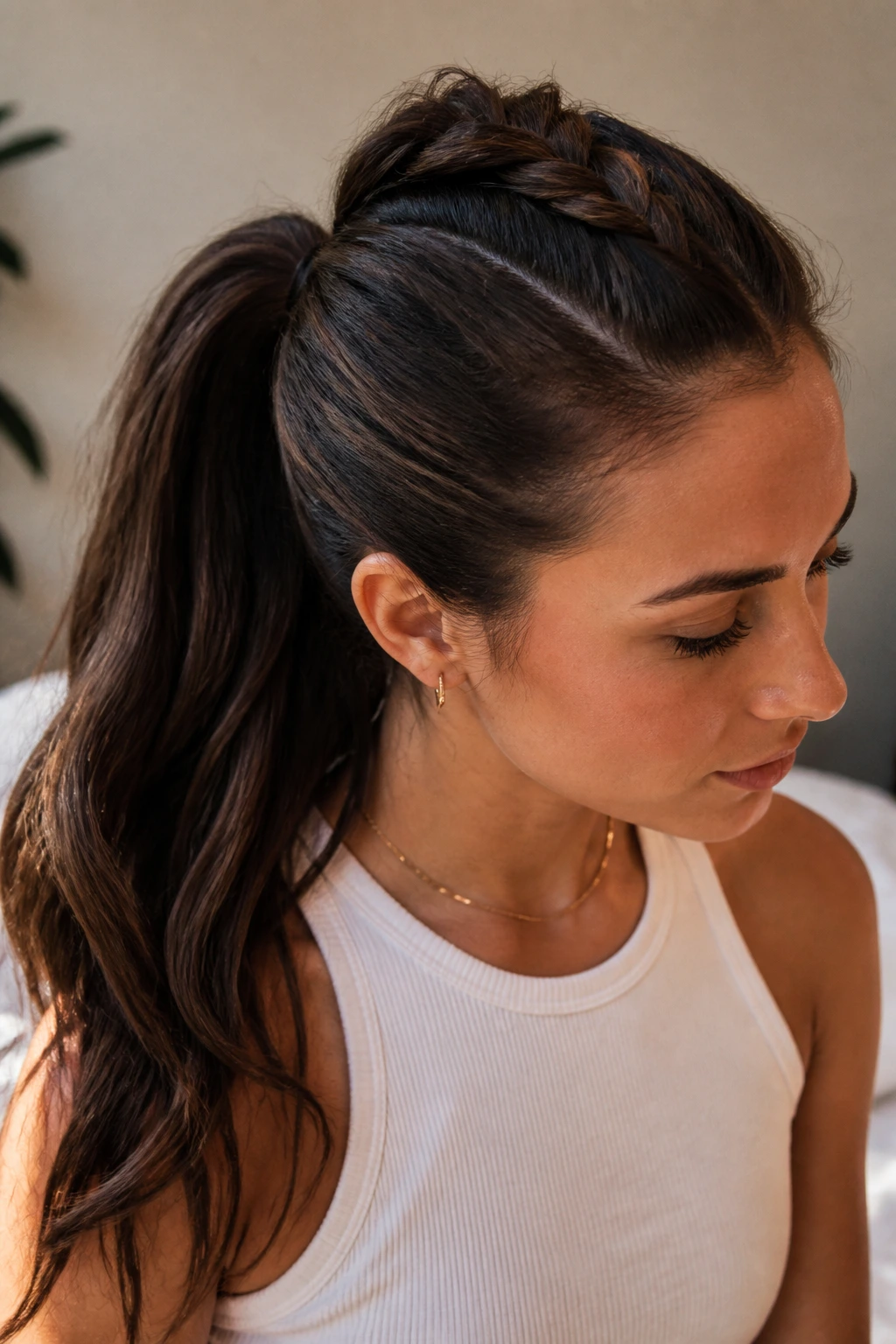 Close-up of a woman showing a braided crown at the base of a ponytail