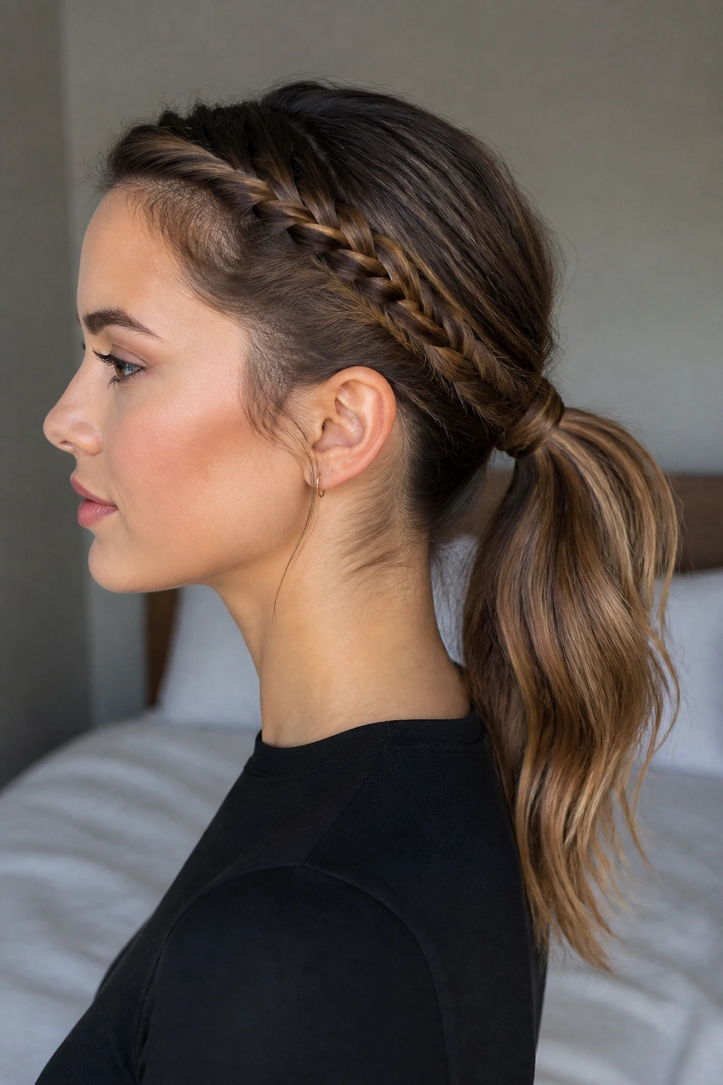 Profile of a woman with a slim temple braid feeding into a low ponytail