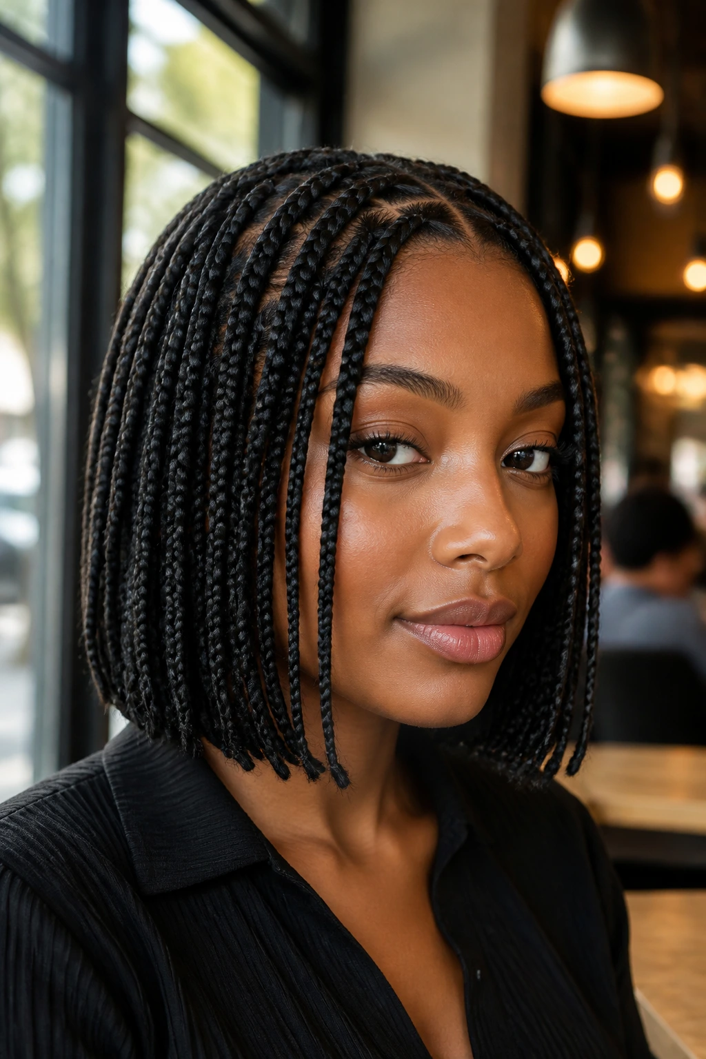 Close-up of a real woman with a braided bob with blunt ends in daylight