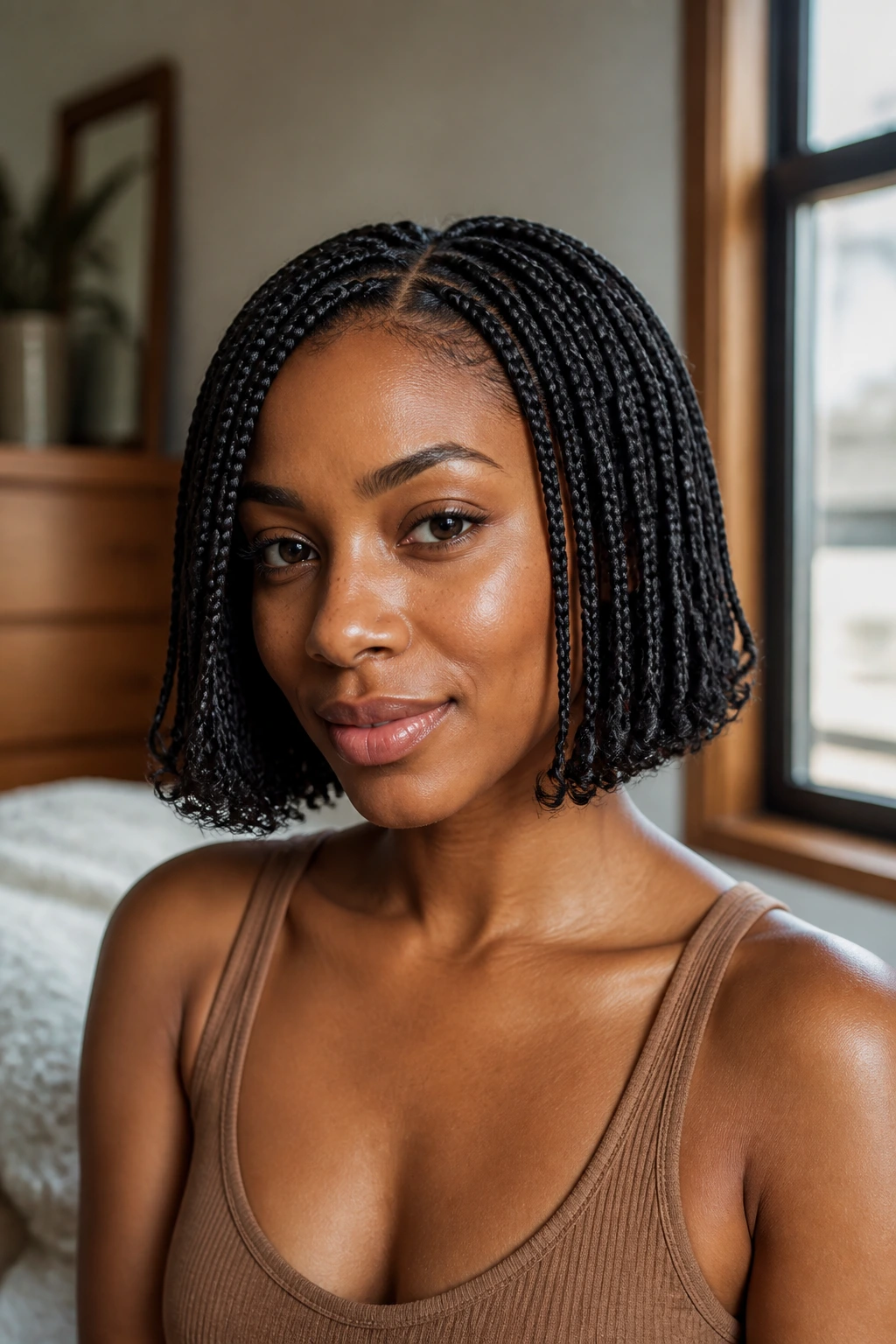 Close-up of a real Black woman with a chin-to-shoulder braided bob in natural window light.