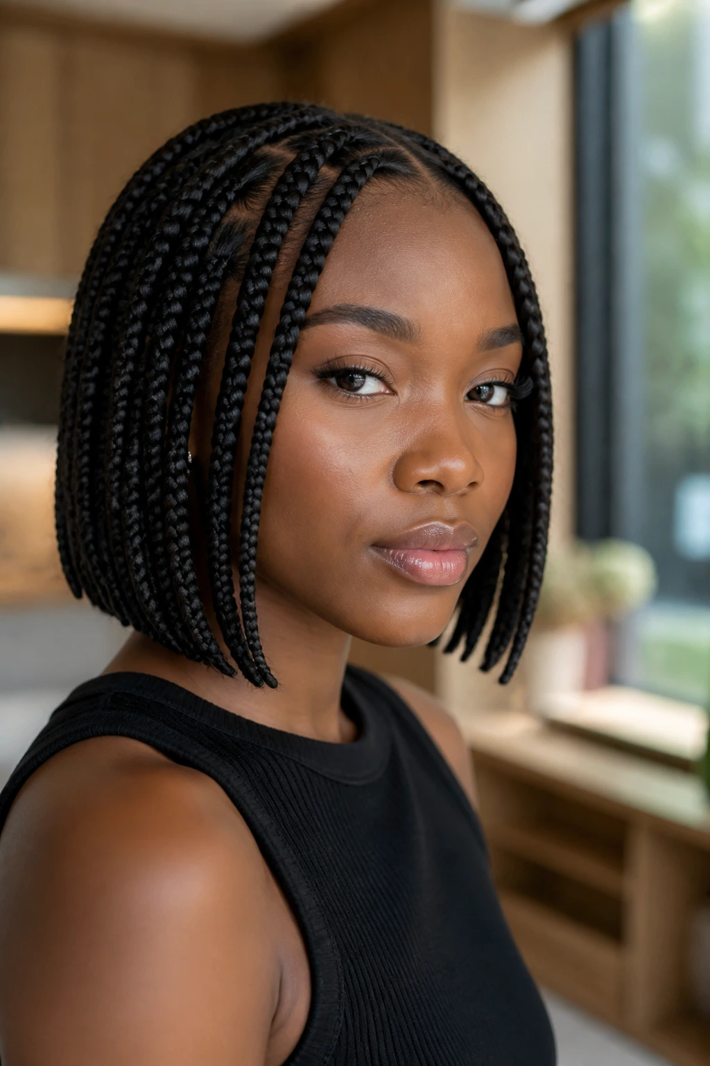 Close-up of a real person with a short braided bob