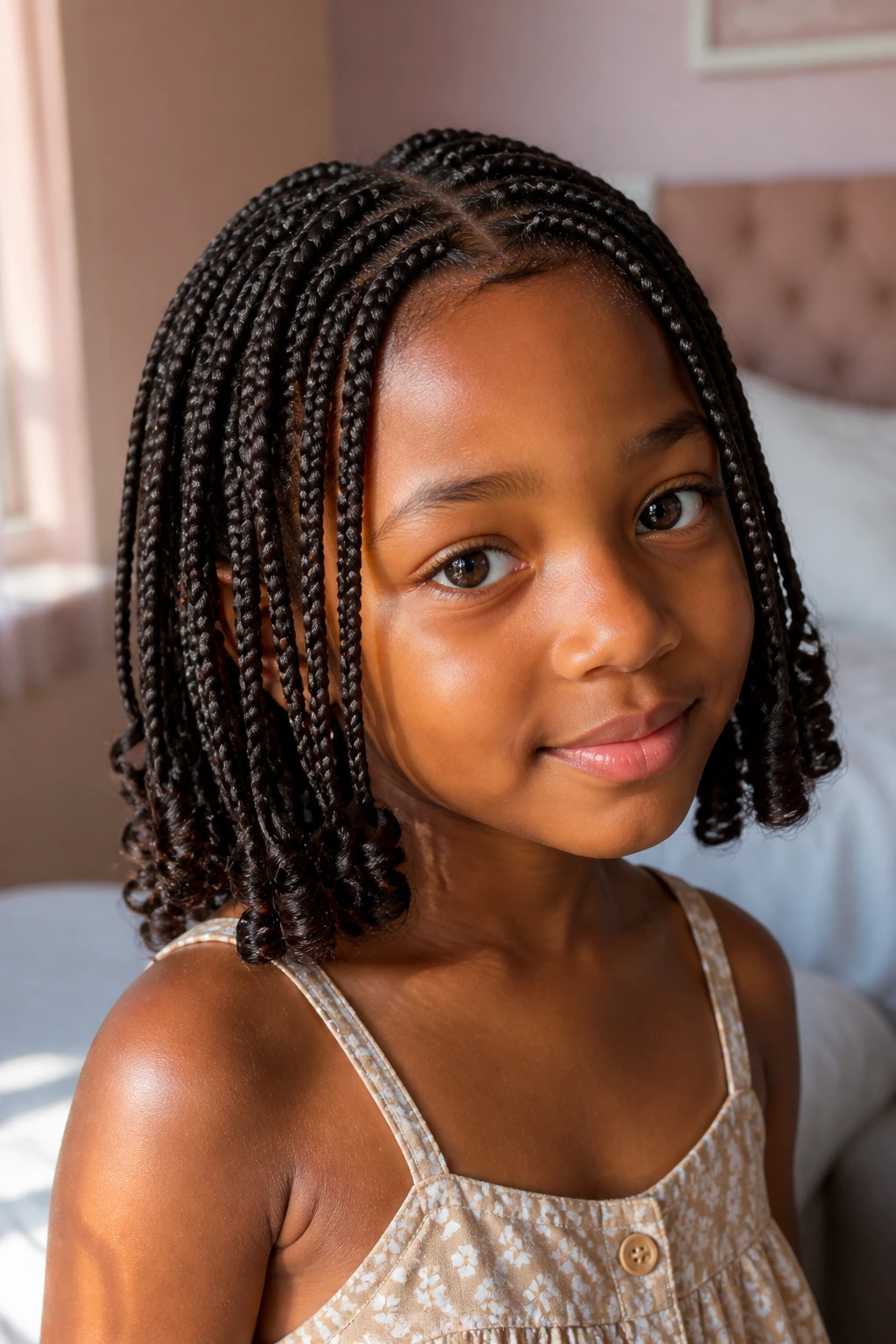Close-up portrait of a real child girl with a braided bob and curled ends in a cozy bedroom, natural light