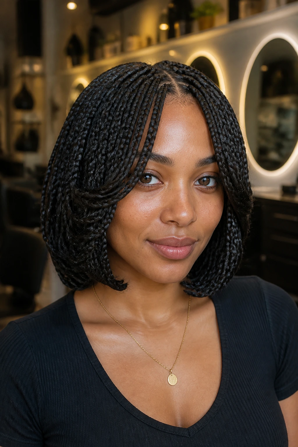 Real woman with braided bob and middle curtain part in a cozy salon