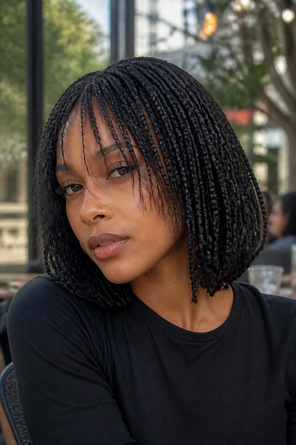 Real woman braided bob with feathered front ends in daylight