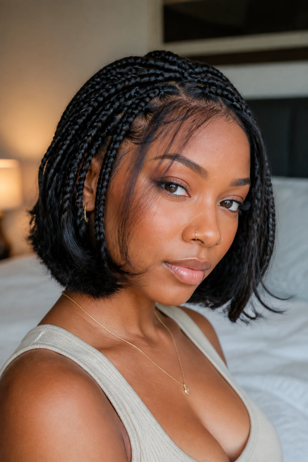 Close-up of a woman with a chin-length braided bob and layered leave-out in soft natural light.