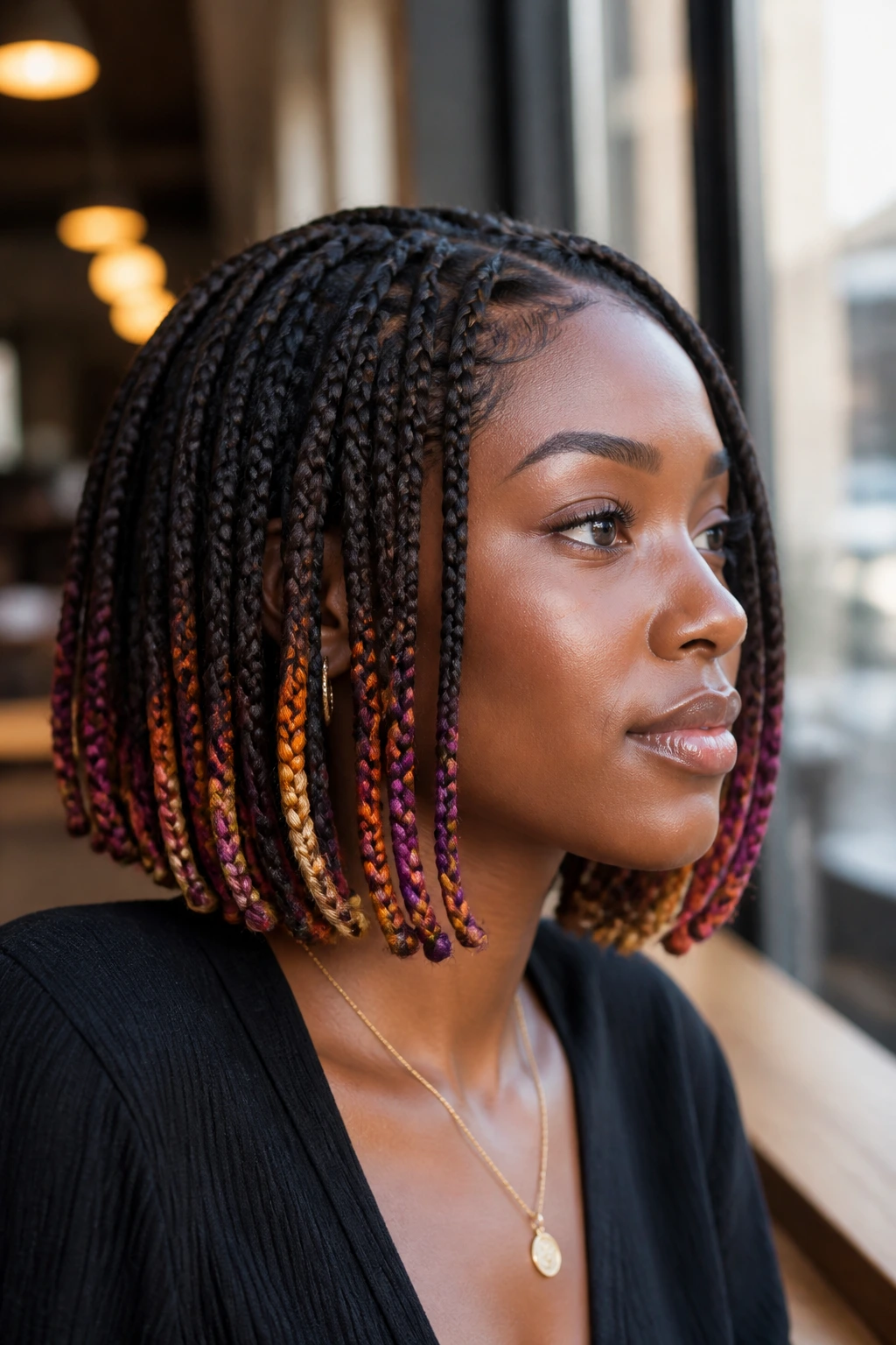 Close-up of a real woman with braided bob and multicolor tips