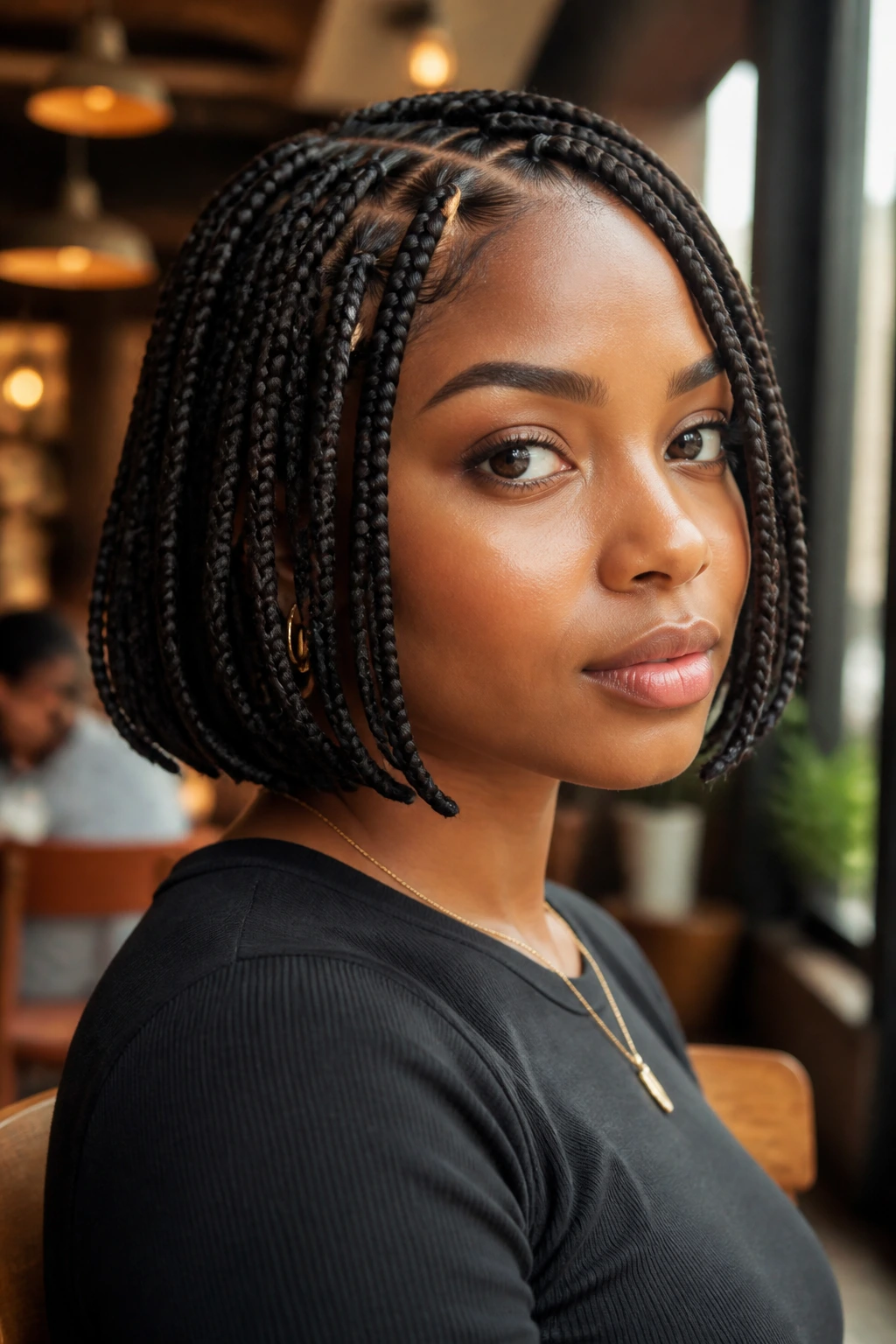 Close-up of a braided bob on a real person