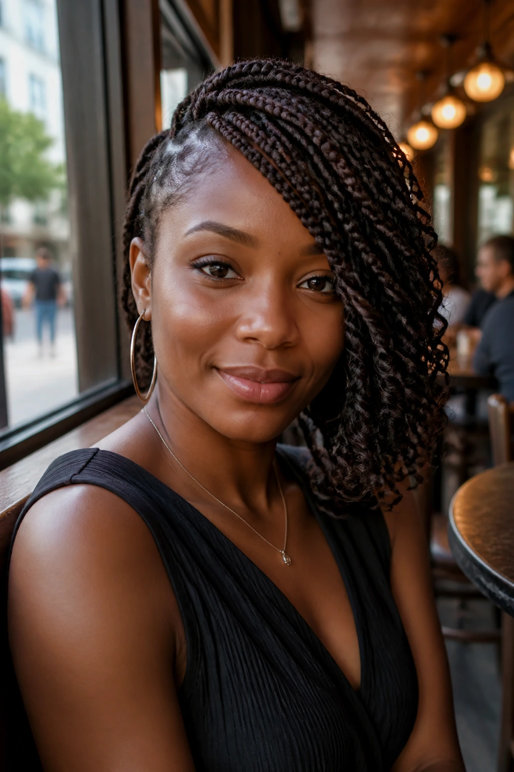 Close-up of a real woman with a braided bob draped to one side.