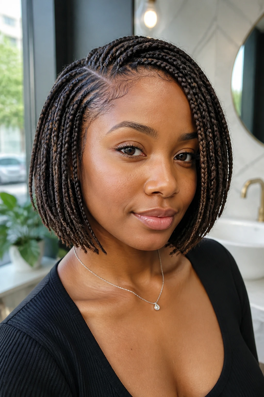 Real woman with neck-length braided bob and smoky mocha lowlights