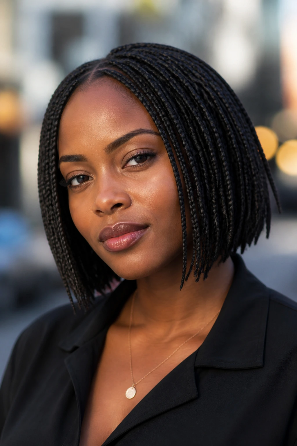Close-up portrait of a real woman in a chin-length braided bob with tapered ends.