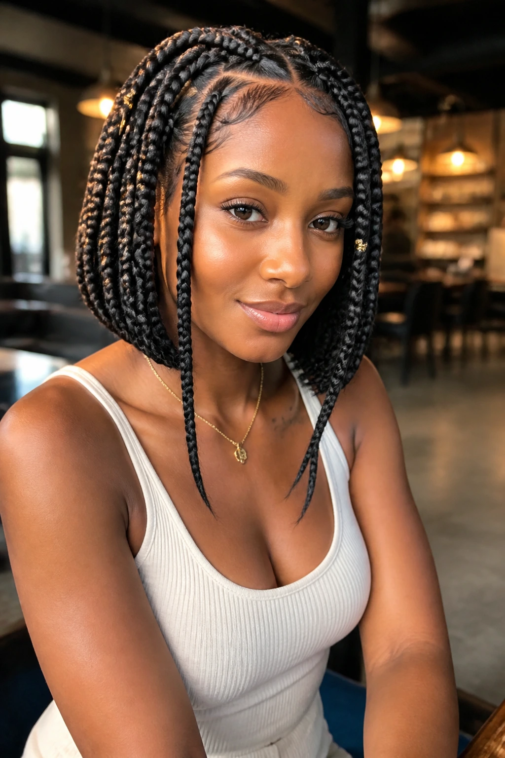 Braided bob with long temple strands framing the jawline on a real person