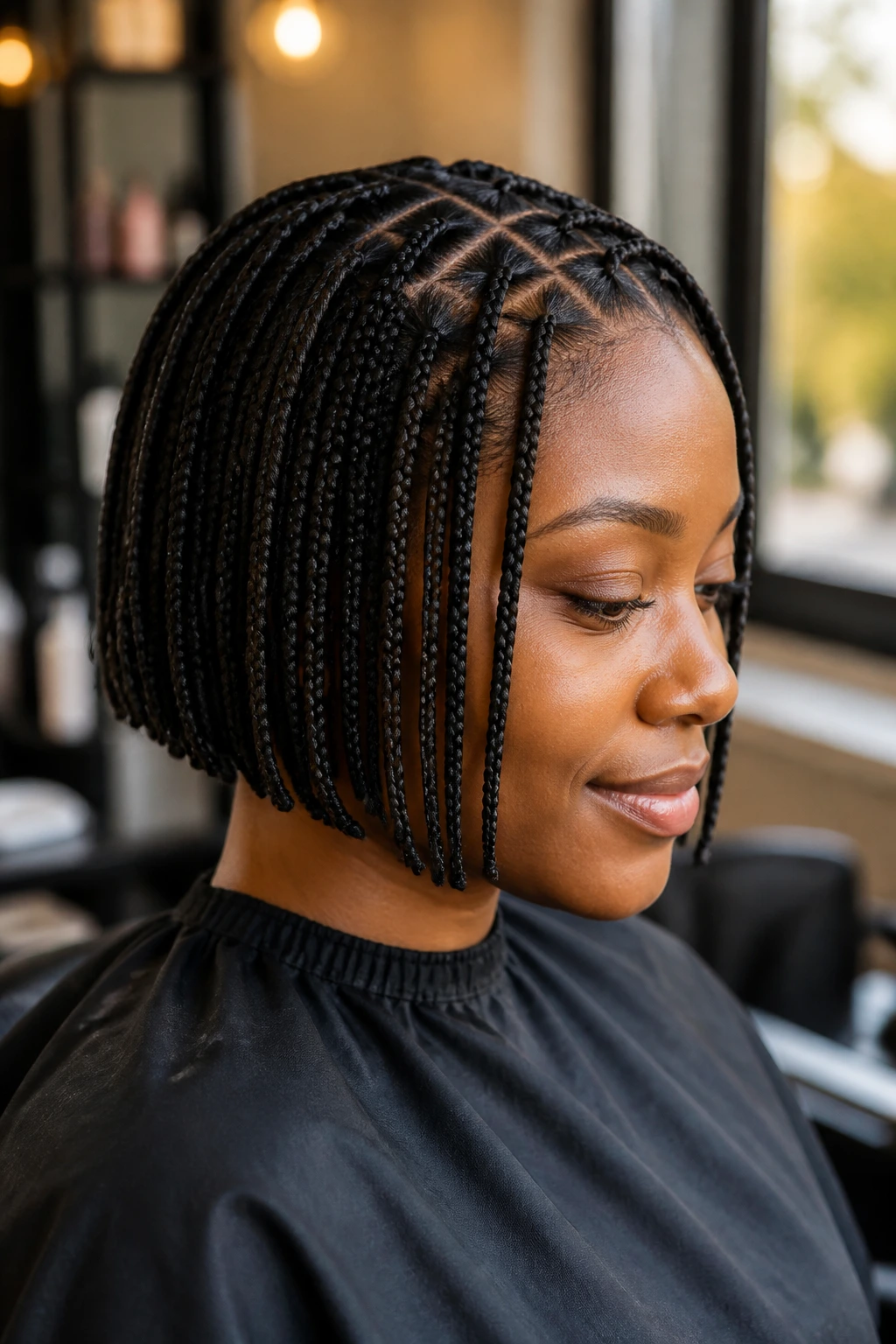 Close-up of a real person with a three-strand braided bob in soft window light