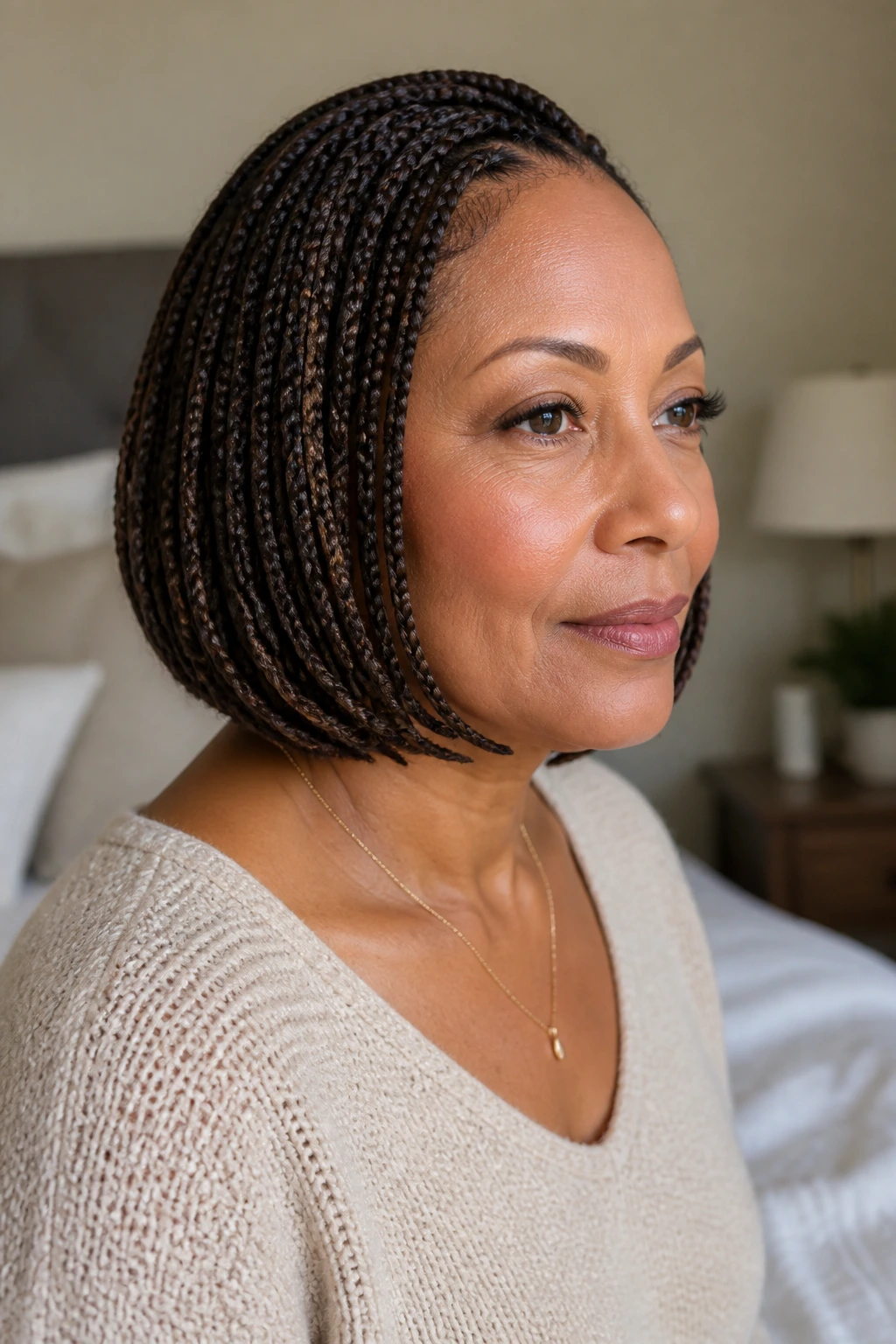 Close-up of a real woman with a braided bob and tucked ends, thick hair framing the face.