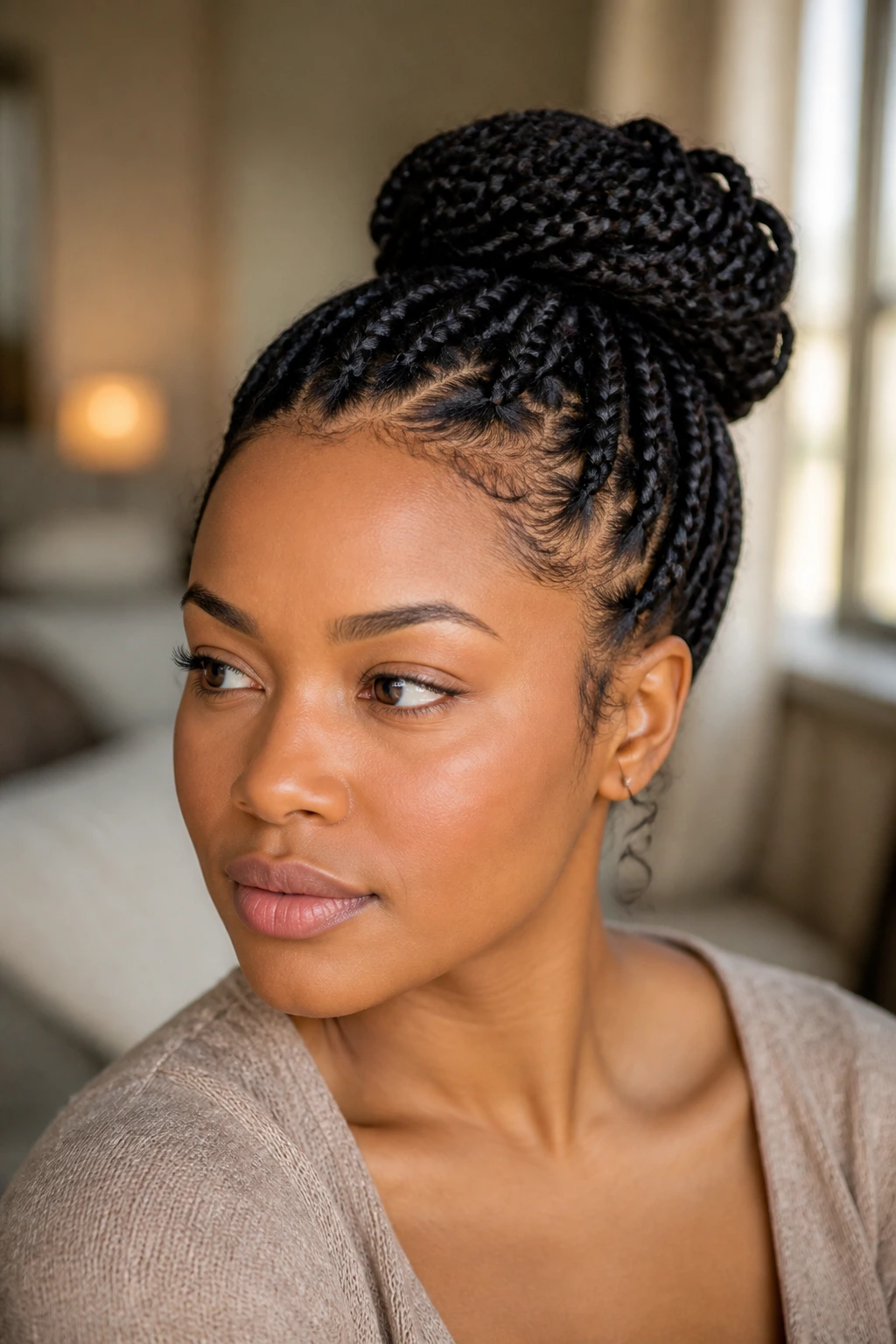 Portrait of woman with braided bun above temples