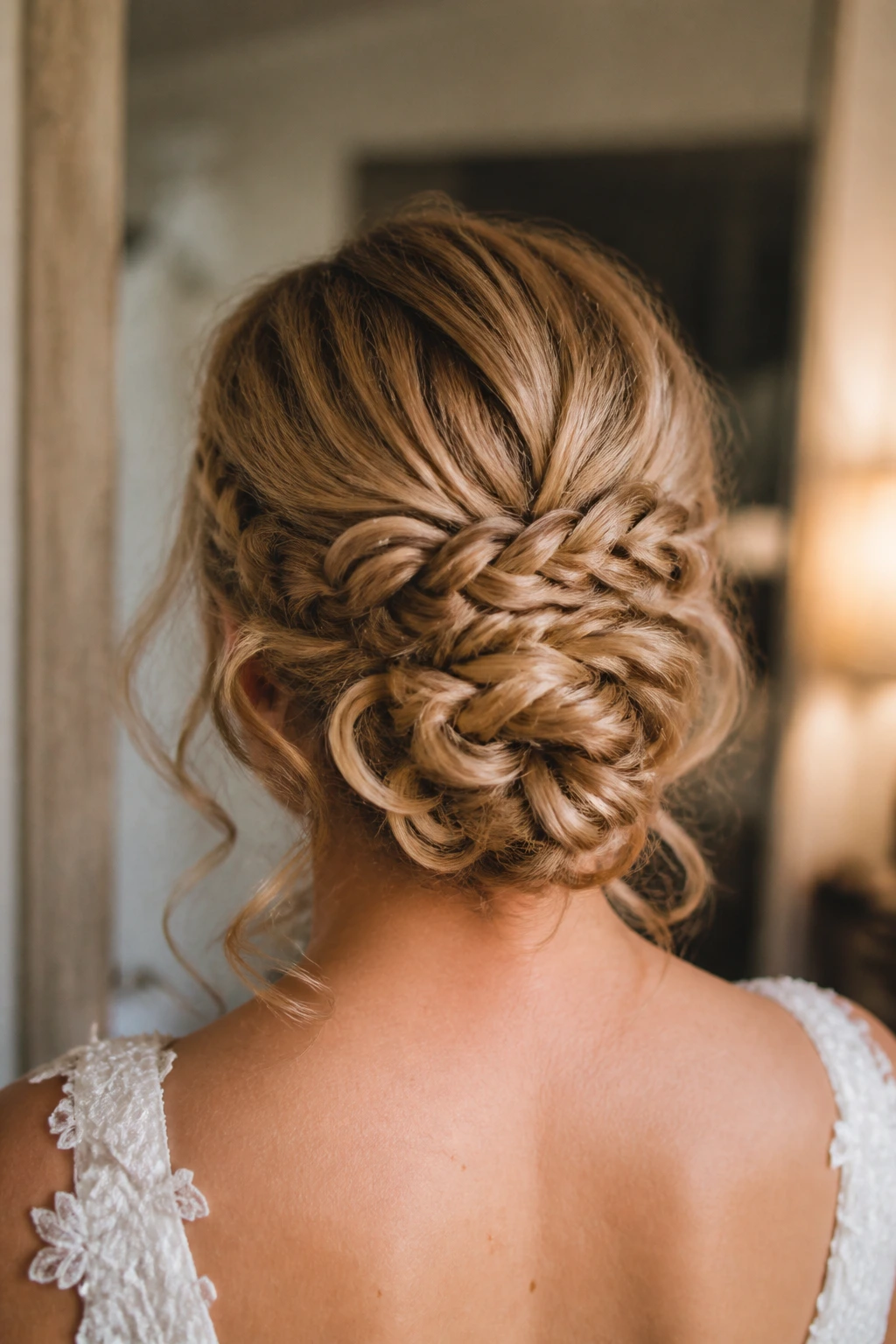 Back of head of bride with braided bun and airy loops.