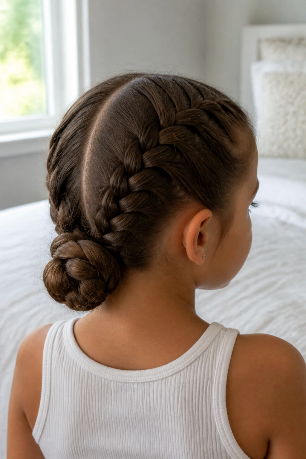 Child with center-parted hair and two braids forming a low bun