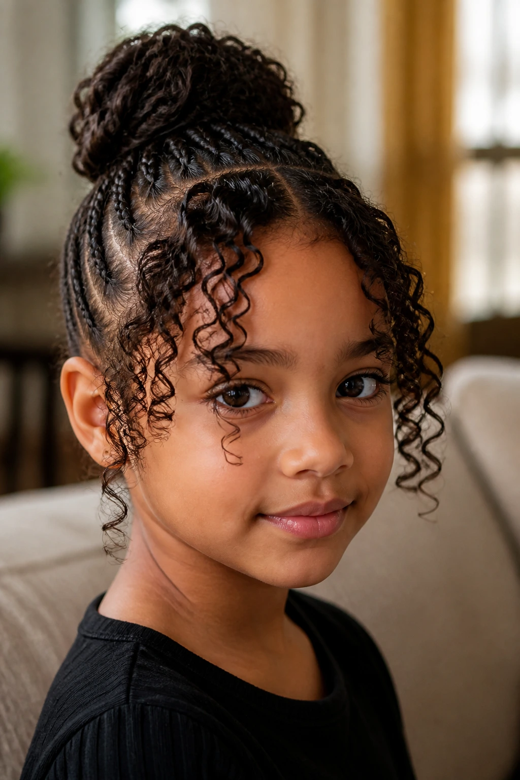 Close-up of real girl with braided bun and curly fringe in warm window light