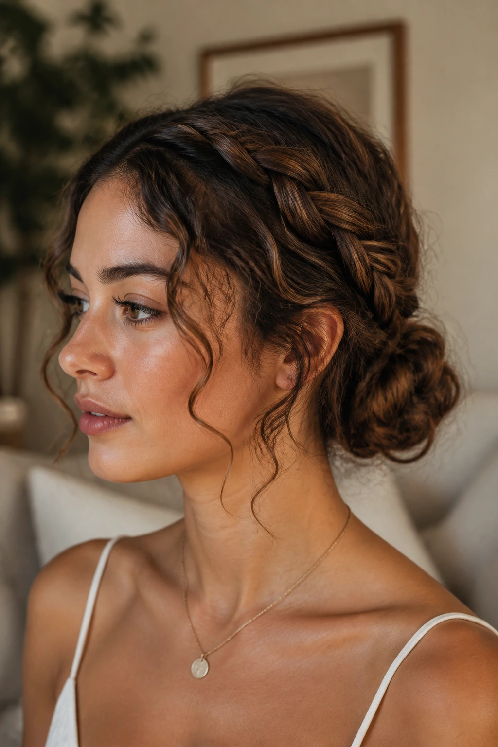 Portrait of a real woman with a braided bun and soft curls
