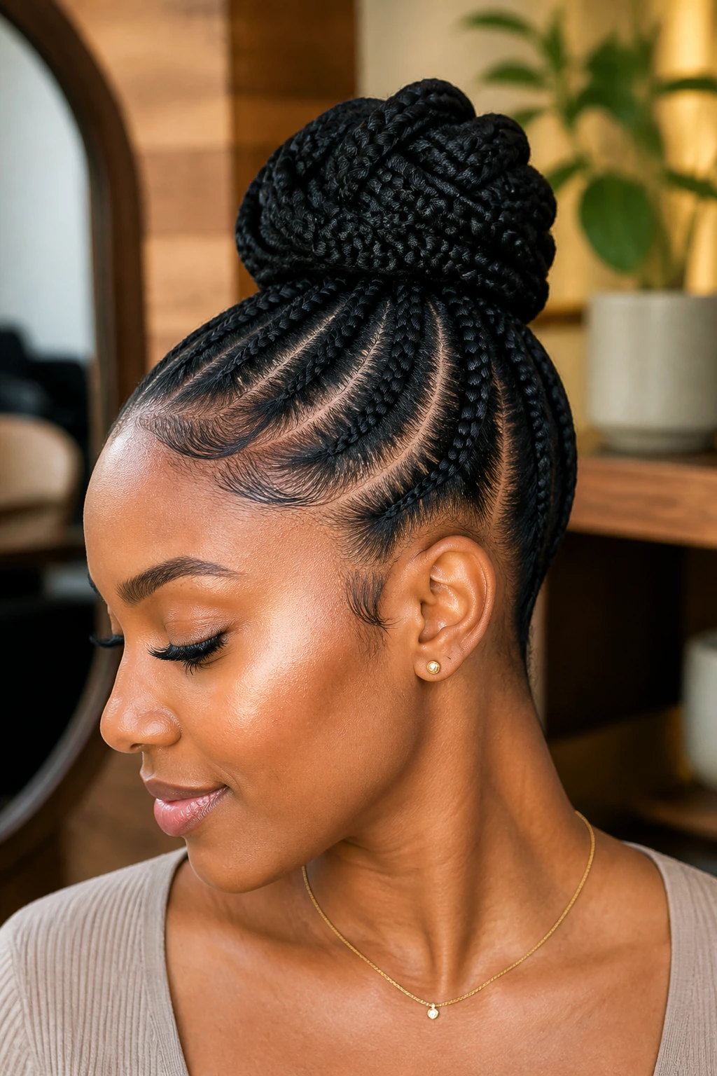 Close-up of a real woman with a neat braided bun at the crown in a warm salon setting.