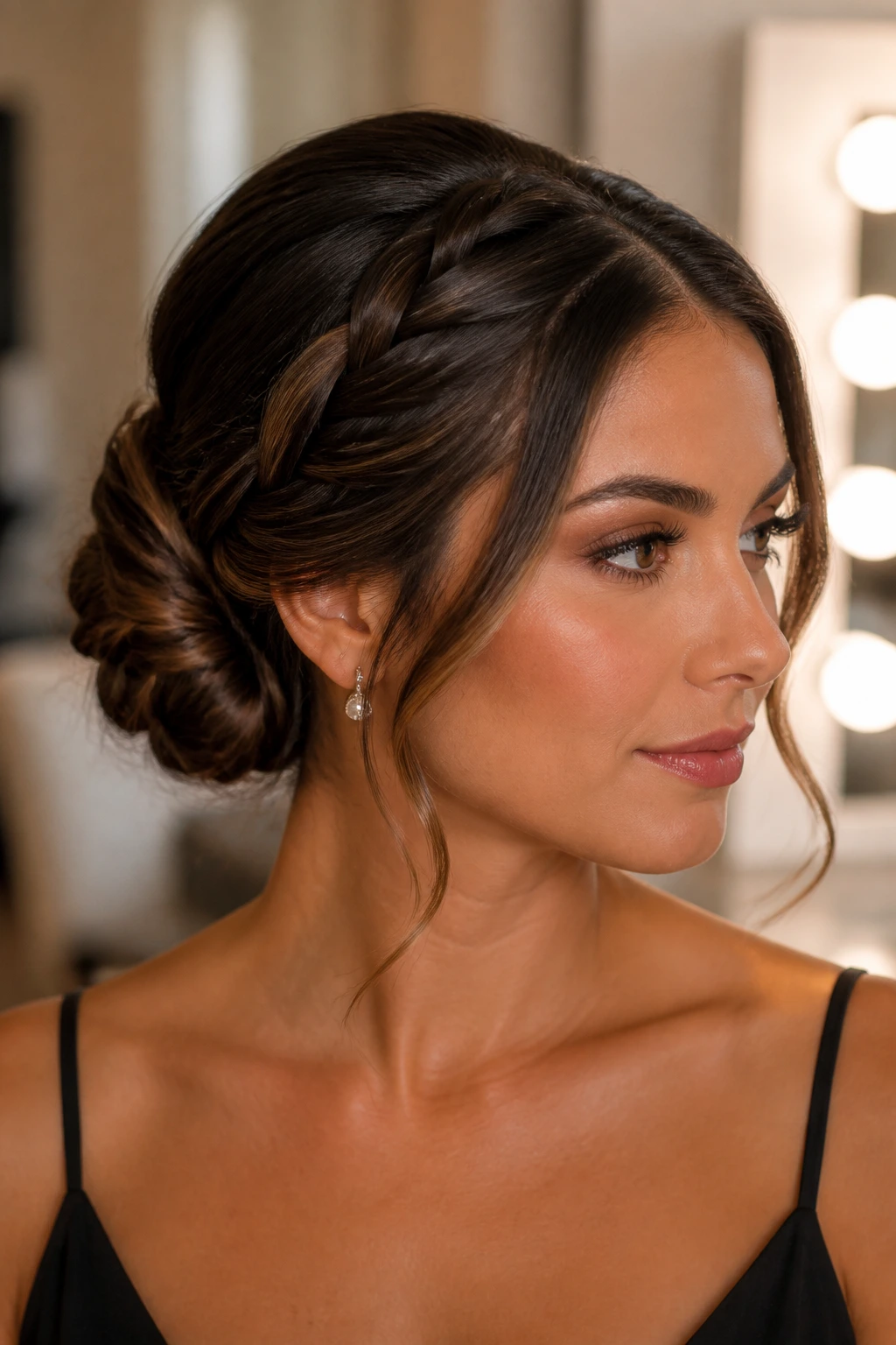 Close-up of a woman with a sleek braided bun and curved front layers framing the face.
