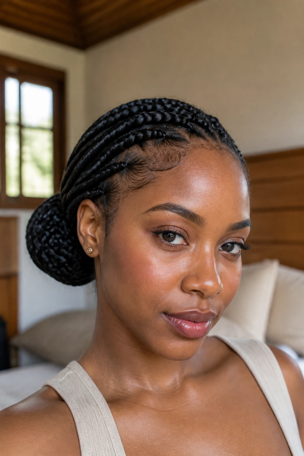 Close-up of a real person with a neatly wrapped braided bun under natural bedroom light