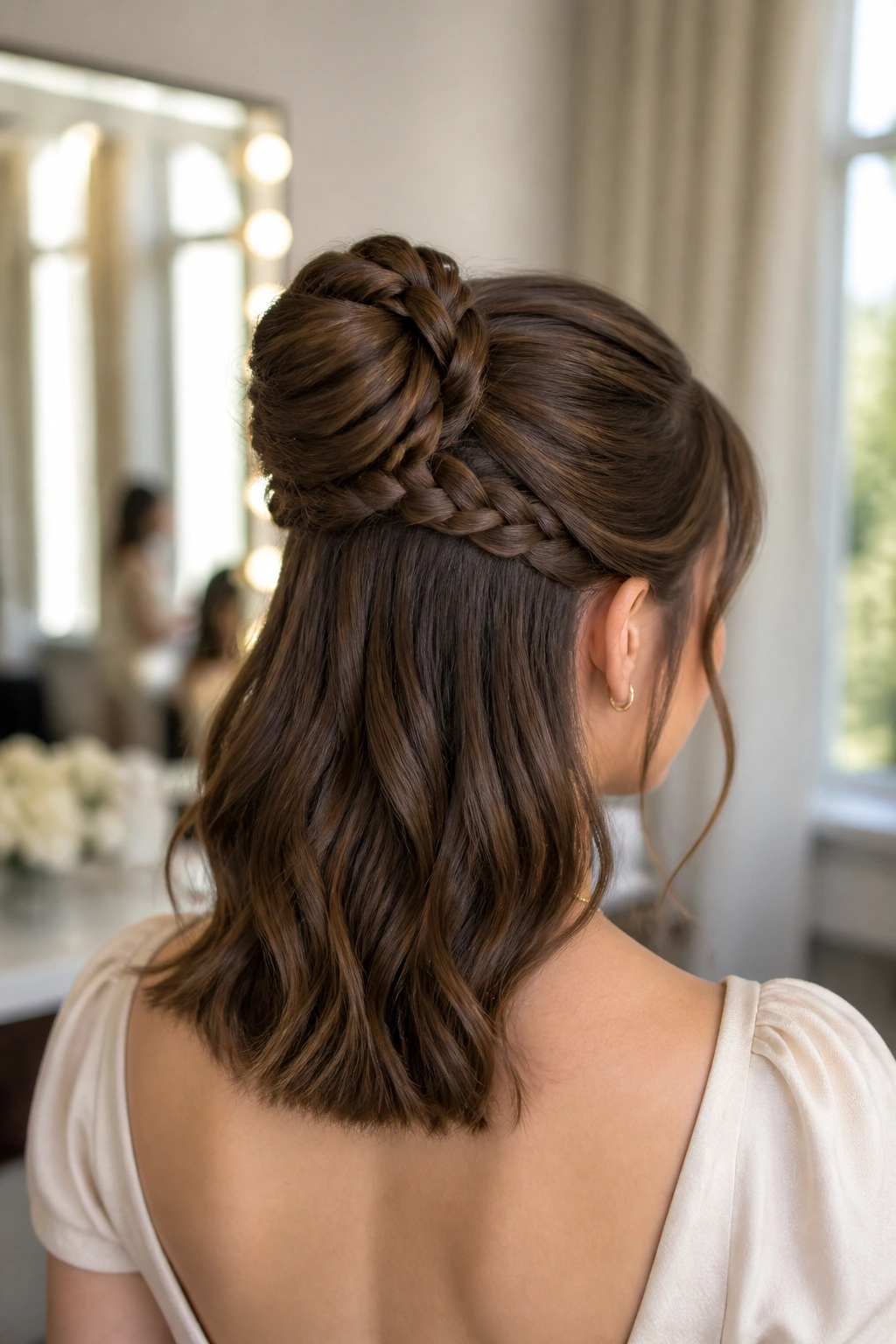 Three-quarter back view of a real woman showing a braided half-up bun