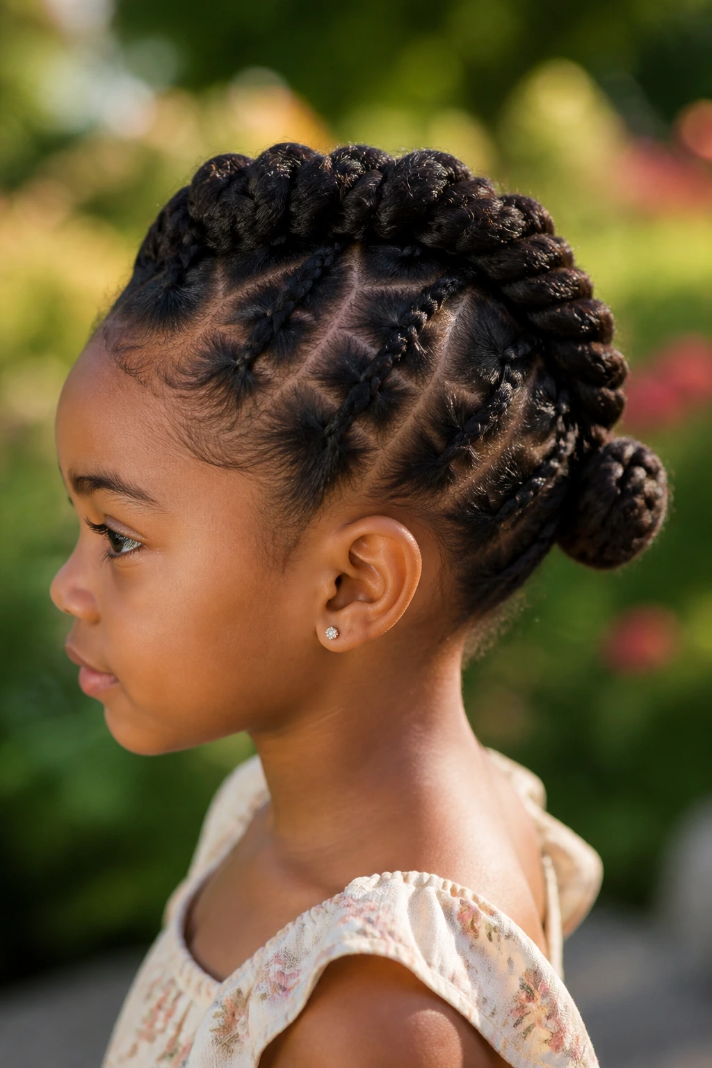 Child with braided bun hawk hairstyle outdoors