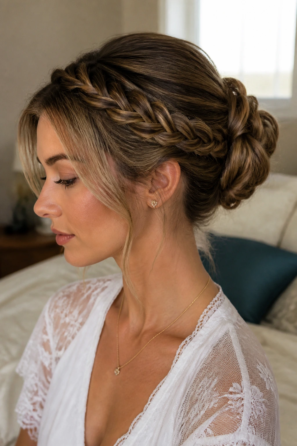 Close-up of a real woman with a braided bun and hidden layered ends in warm natural light